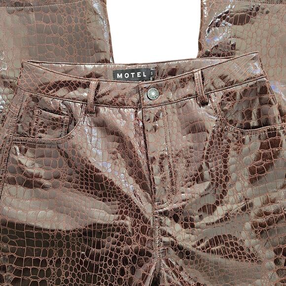 Motel Rocks Zoven Flare Trouser in Croc PU Brown Size Small Chocolate Brown - Picture 8 of 11